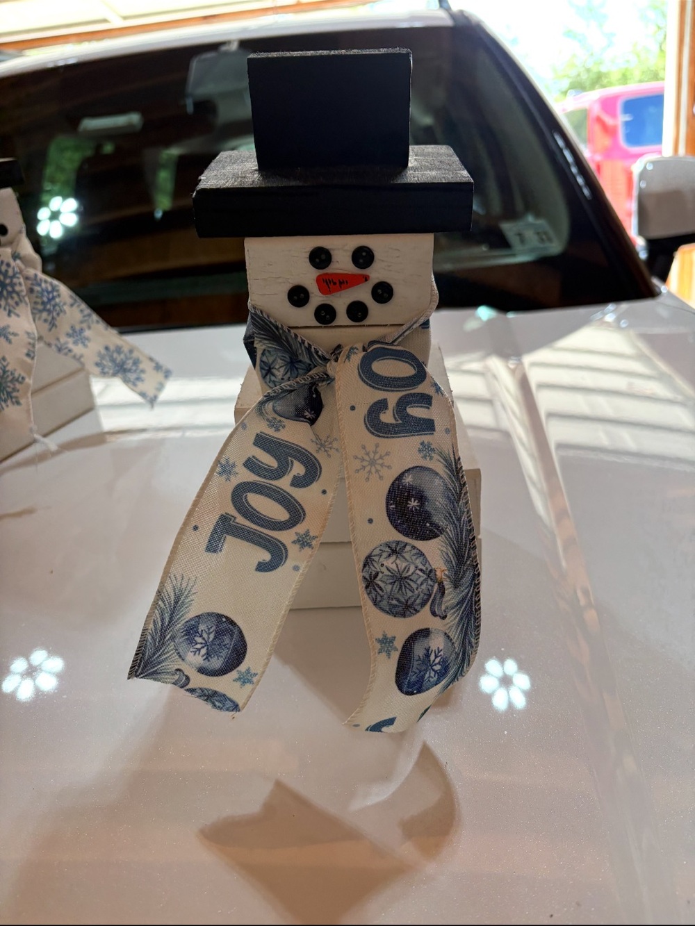 Handcrafted White Wooden Snowman Decor with Blue 'Joy' Scarf